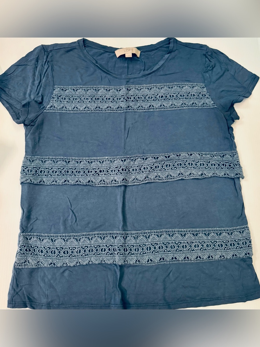 LOFT Navy Short Sleeve Tee with Lace Trim Panels